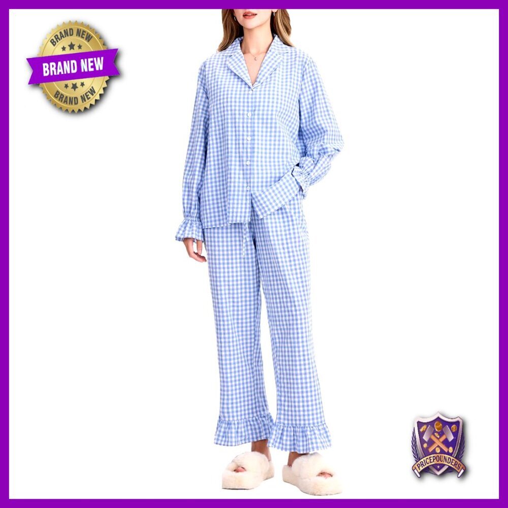 Women's Cotton Pajama Set Long Sleeve Button Down Shirt Pants Lounge